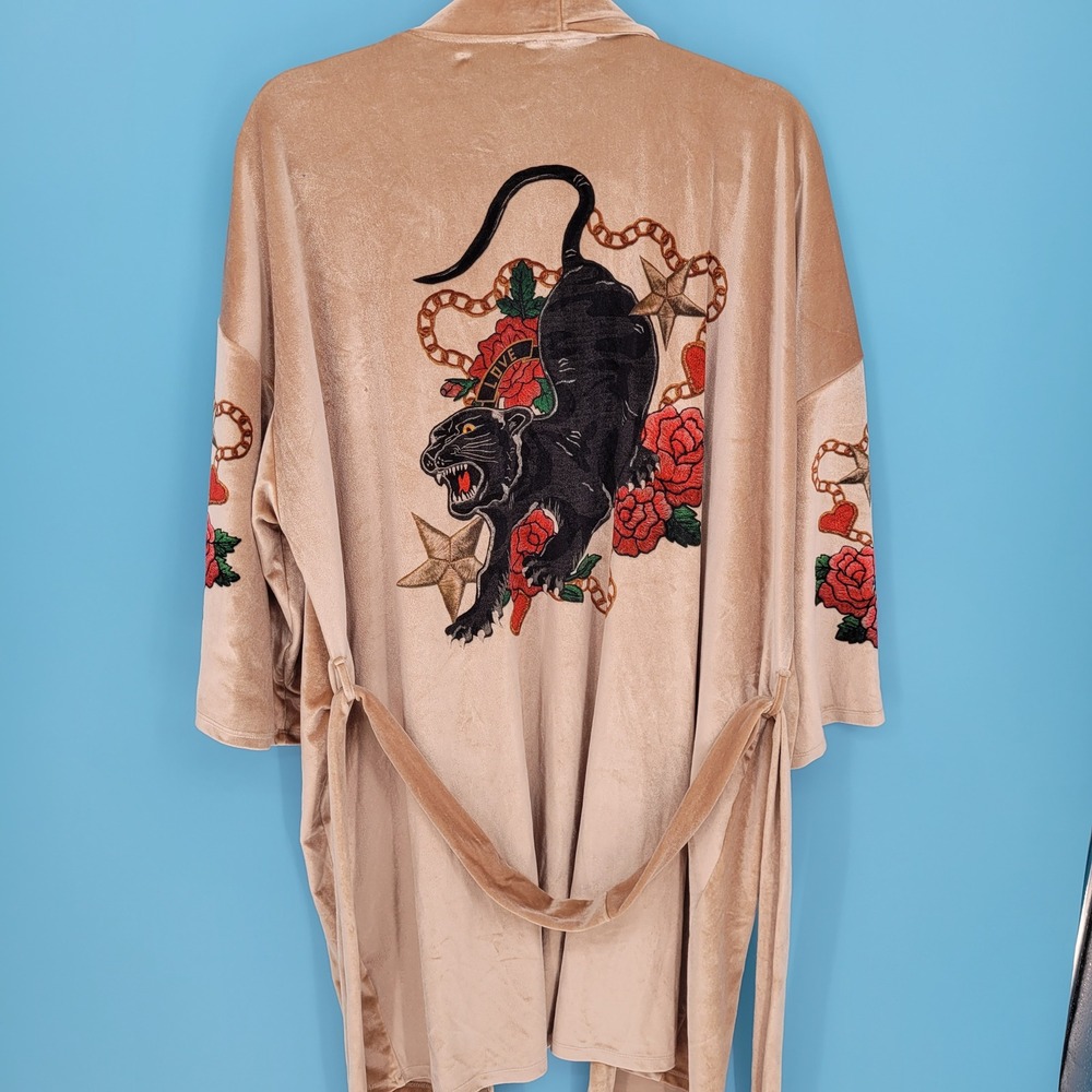 Jaded London velour Kimono Robe Womens S/M Tattoo Panther Tan Beige streetwear